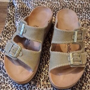 Birkenszock/Papillio Canvass Sandals with Buckle Straps in Tan, Size 36, Narrow.